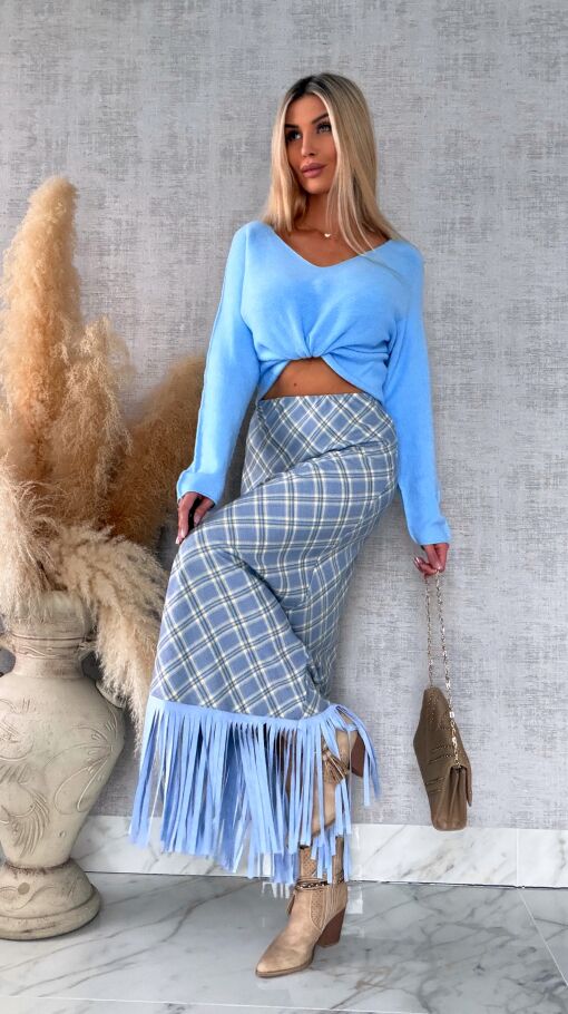 Elegancka spódnica w kratkę BLUE z frędzlami ONE SIZE - R524