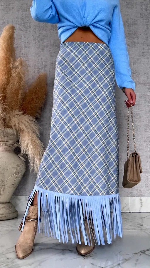 Elegancka spódnica w kratkę BLUE z frędzlami ONE SIZE - R524