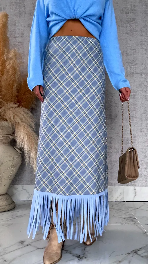 Elegancka spódnica w kratkę BLUE z frędzlami ONE SIZE - R524