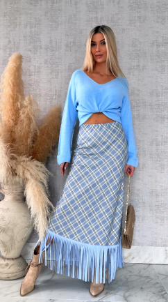 Elegancka spódnica w kratkę BLUE z frędzlami ONE SIZE - R524