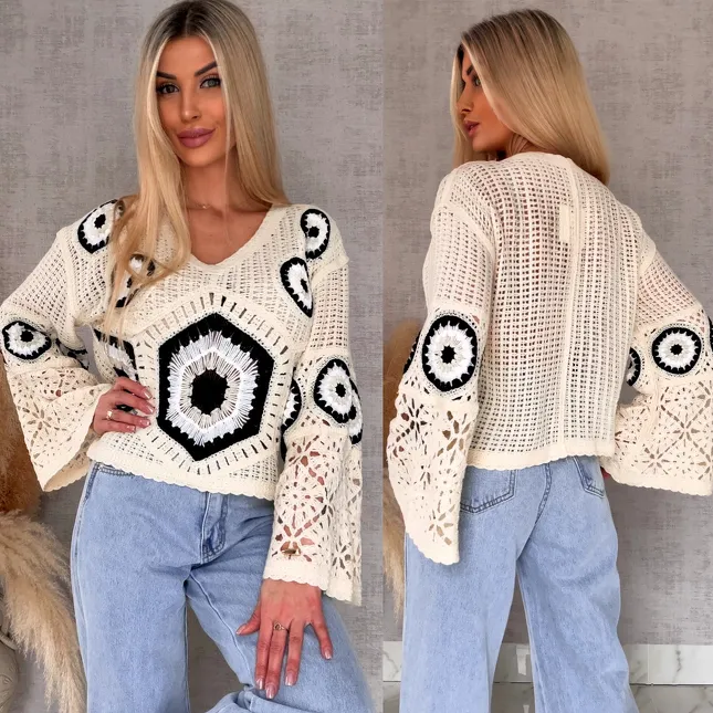 Mega modny ażurowy sweterek w szydełkowym stylu BLACK - R659D