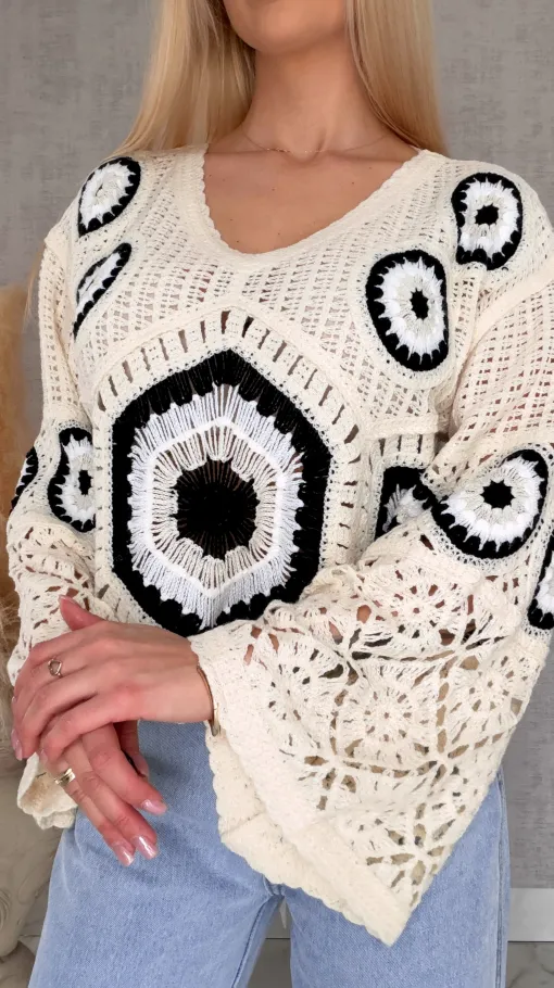 Mega modny ażurowy sweterek w szydełkowym stylu BLACK - R659D