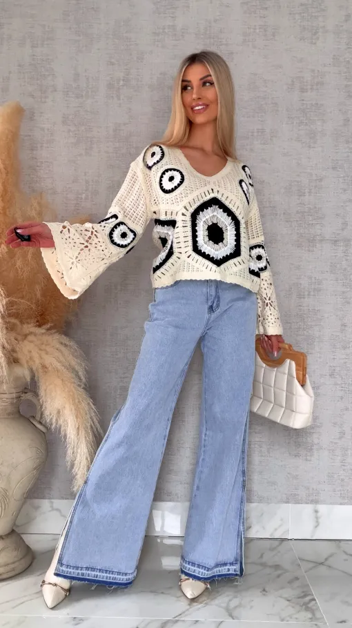 Mega modny ażurowy sweterek w szydełkowym stylu BLACK - R659D