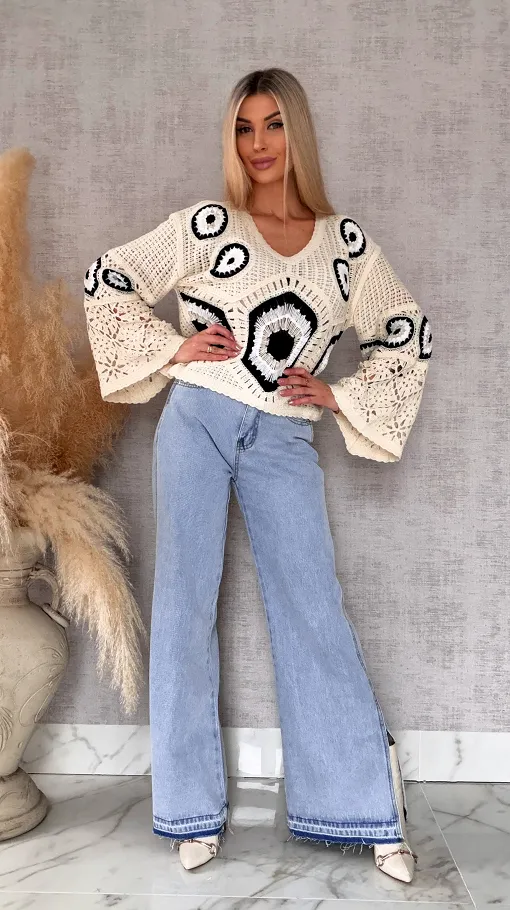 Mega modny ażurowy sweterek w szydełkowym stylu BLACK - R659D