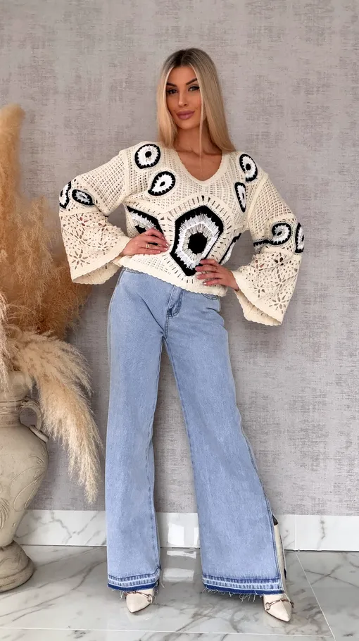 Mega modny ażurowy sweterek w szydełkowym stylu BLACK - R659D