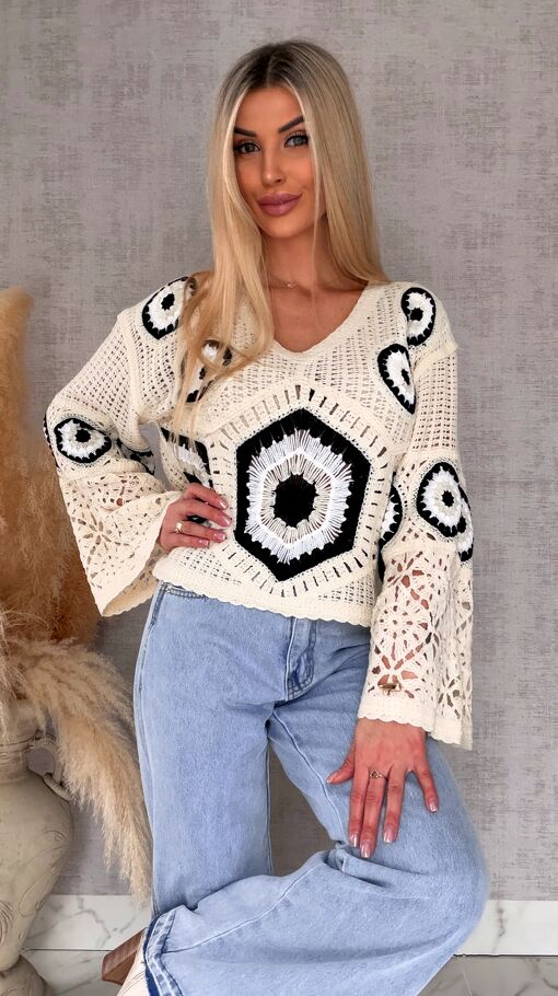 Mega modny ażurowy sweterek w szydełkowym stylu BLACK - R659D