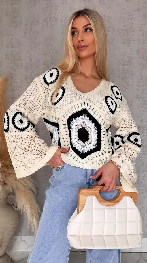 Mega modny ażurowy sweterek w szydełkowym stylu BLACK - R659D