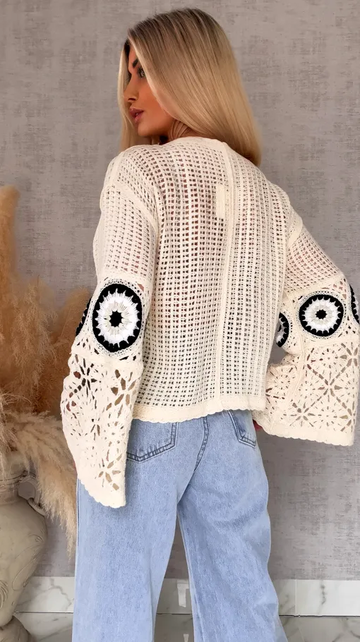 Mega modny ażurowy sweterek w szydełkowym stylu BLACK - R659D