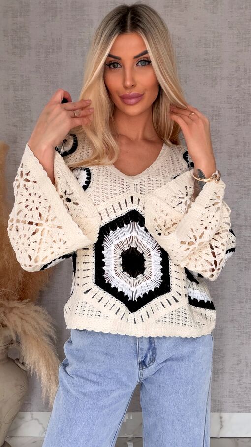 Mega modny ażurowy sweterek w szydełkowym stylu BLACK - R659D