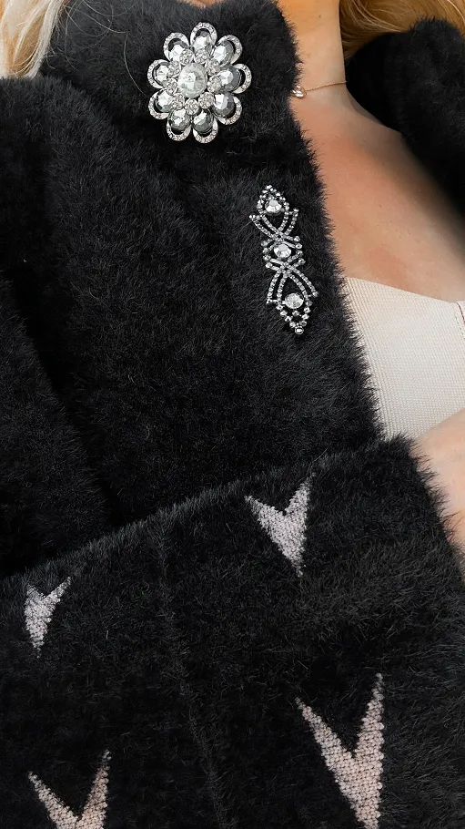 Czarny płaszcz ALPAKA z delikatnym wzorem ONE SIZE - R049