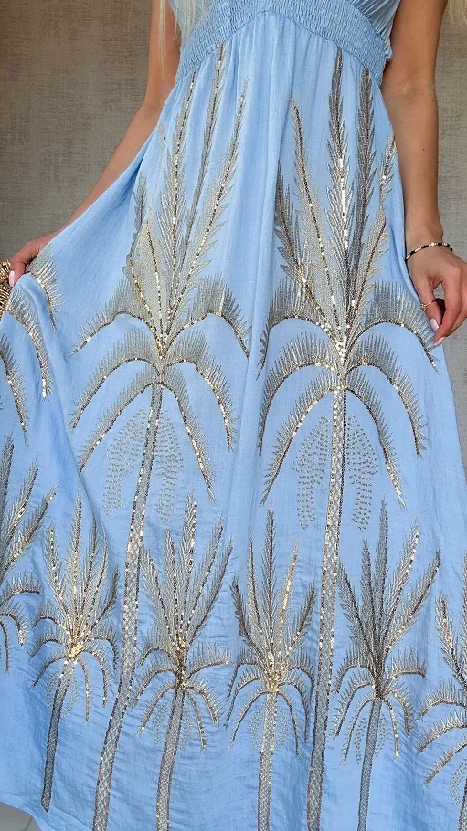 Piękna MAXI sukienka na ramiączkach w złote hafty ONE SIZE niebieska - P694