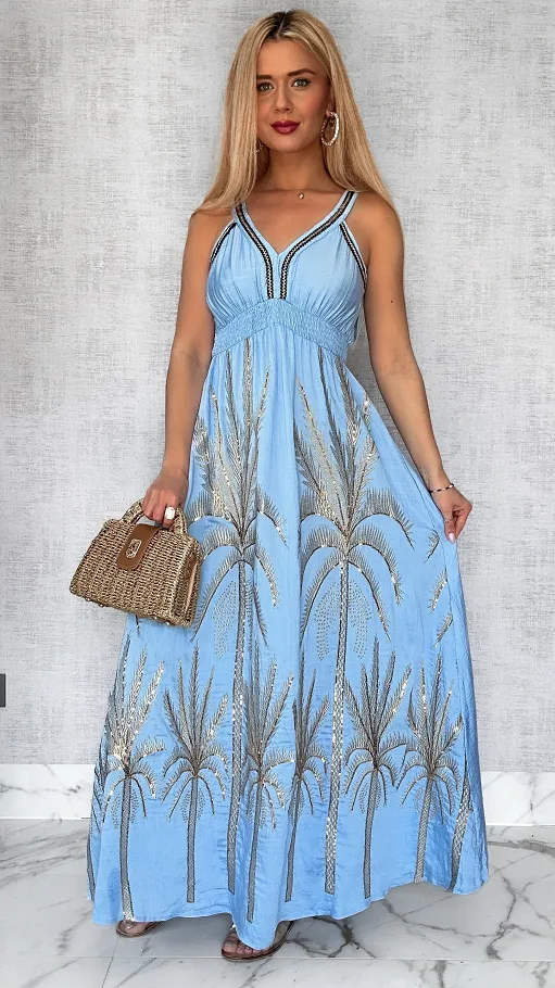Piękna MAXI sukienka na ramiączkach w złote hafty ONE SIZE niebieska - P694