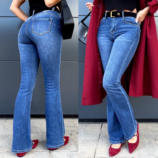 Jeansowe elastyczne spodnie DZWONY z czarnym paskiem BLUE JEANS - S420