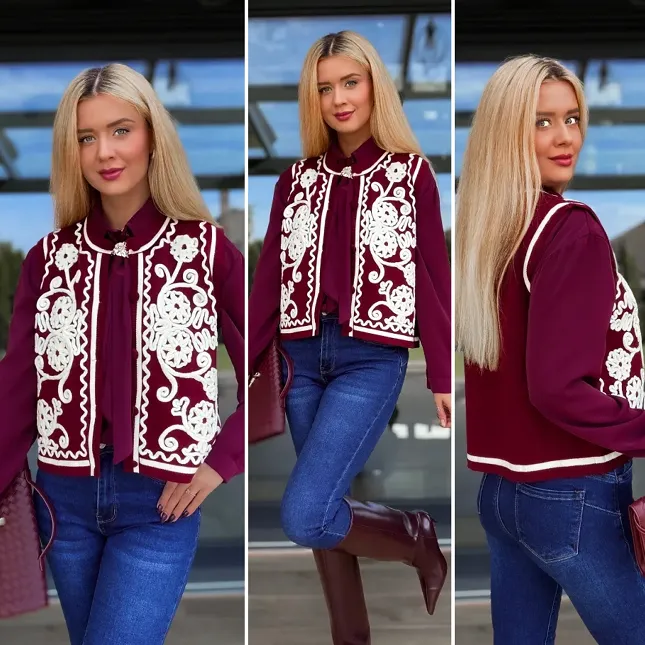 Elegancka bordowa kamizelka z kontrastowym wzorem ONE SIZE - R100