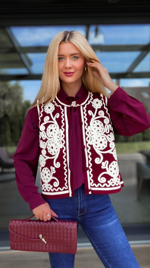 Elegancka bordowa kamizelka z kontrastowym wzorem ONE SIZE - R100