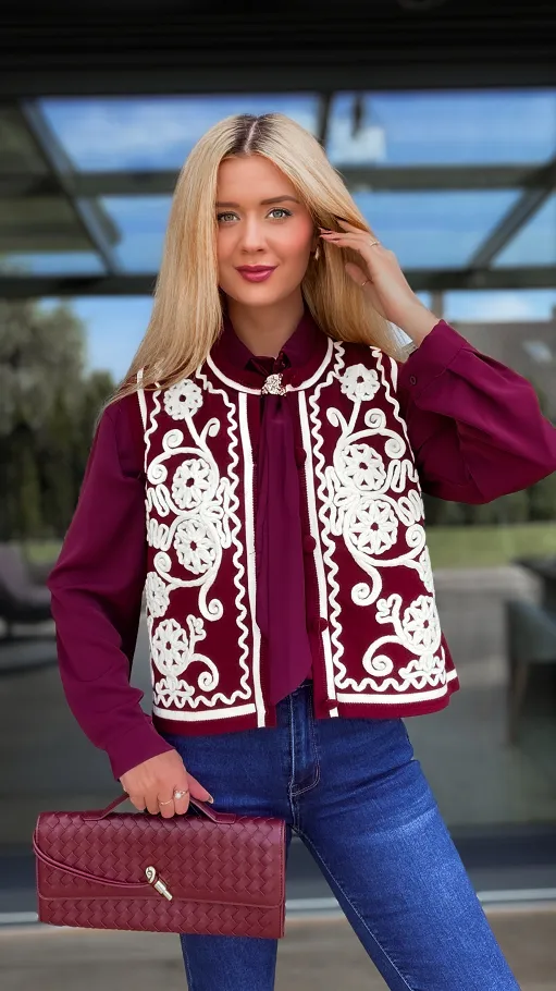 Elegancka bordowa kamizelka z kontrastowym wzorem ONE SIZE - R100