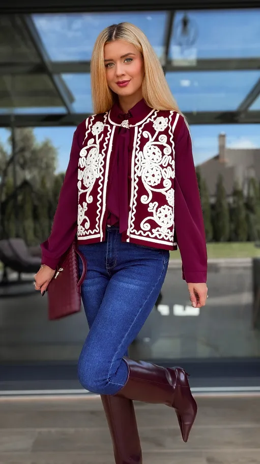 Elegancka bordowa kamizelka z kontrastowym wzorem ONE SIZE - R100