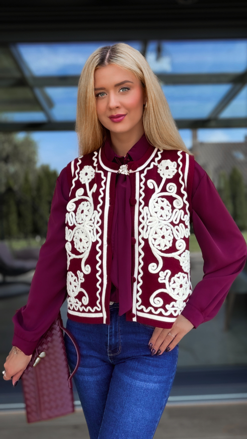 Elegancka bordowa kamizelka z kontrastowym wzorem ONE SIZE - R100