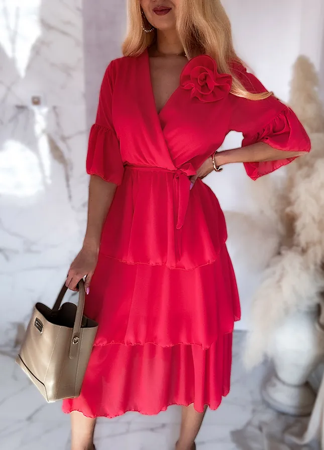 Idealna MAXI sukienka na wesele z różą MALINOWA - N107B