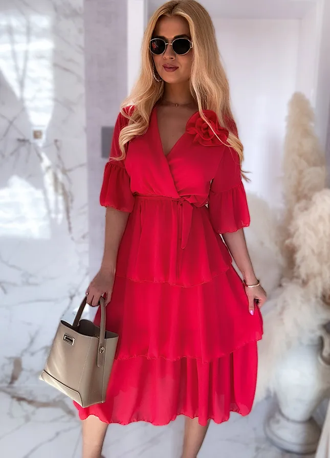 Idealna MAXI sukienka na wesele z różą MALINOWA - N107B