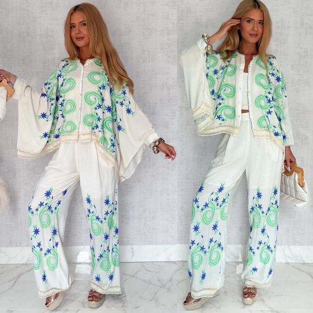 Luźny boho komplet ecru z kolorowymi haftami NARZUTKA + spodnie - S245
