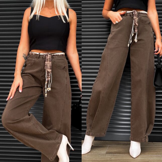 Oryginalne brązowe spodnie jeansowe z zapinaną nogawką WIDE LEG - S411