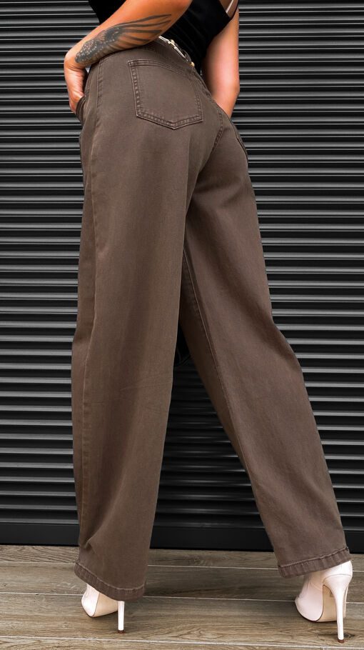 Oryginalne brązowe spodnie jeansowe z zapinaną nogawką WIDE LEG - S411