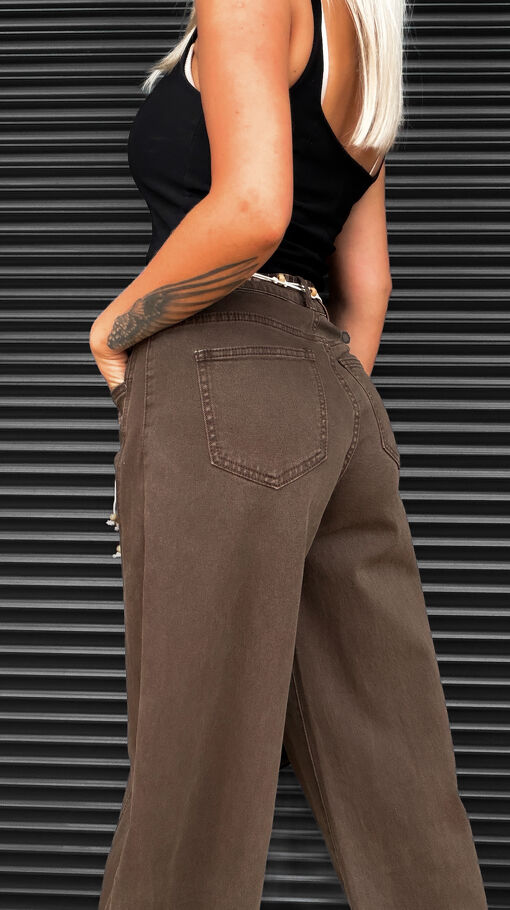 Oryginalne brązowe spodnie jeansowe z zapinaną nogawką WIDE LEG - S411
