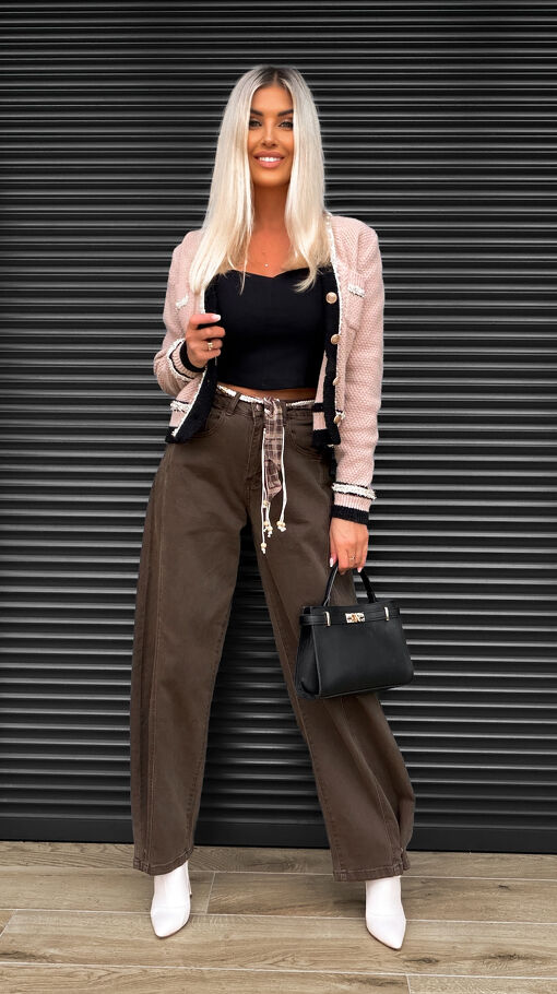 Oryginalne brązowe spodnie jeansowe z zapinaną nogawką WIDE LEG - S411