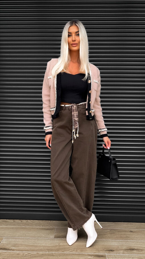 Oryginalne brązowe spodnie jeansowe z zapinaną nogawką WIDE LEG - S411