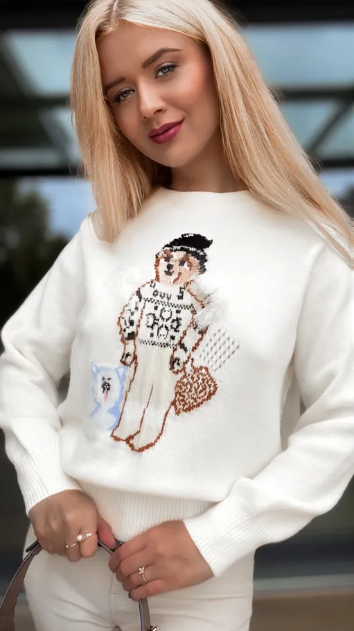 Klasyczny sweter z misiem w kolorze ecru - R150A