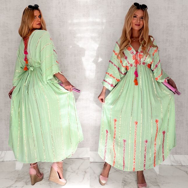 Długa boho MAXI sukienka ze złotą nitka w kolorze MINT one size - S161