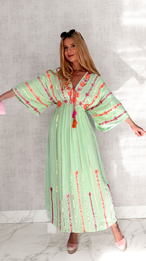 Długa boho MAXI sukienka ze złotą nitka w kolorze MINT one size - S161