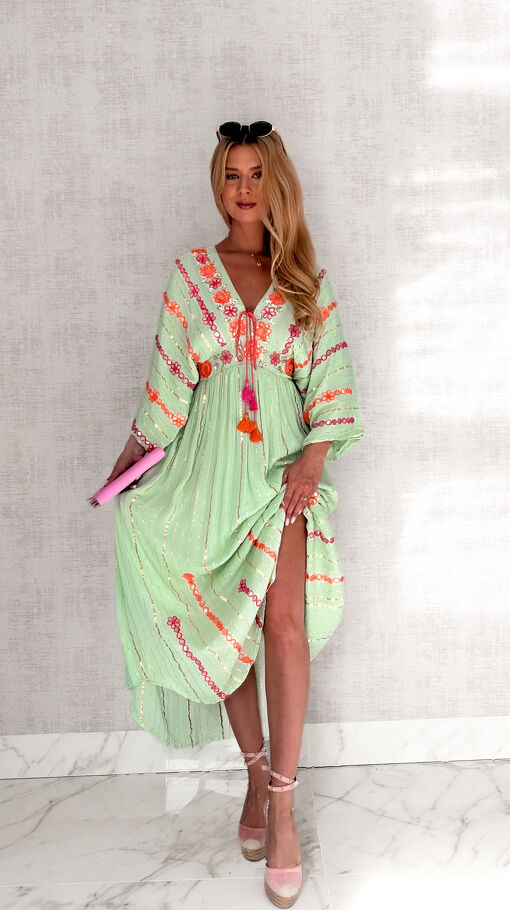 Długa boho MAXI sukienka ze złotą nitka w kolorze MINT one size - S161
