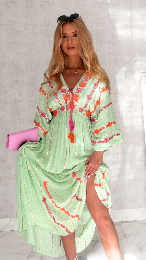 Długa boho MAXI sukienka ze złotą nitka w kolorze MINT one size - S161
