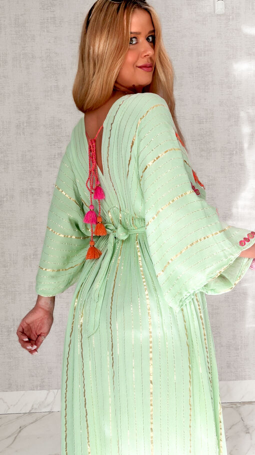 Długa boho MAXI sukienka ze złotą nitka w kolorze MINT one size - S161