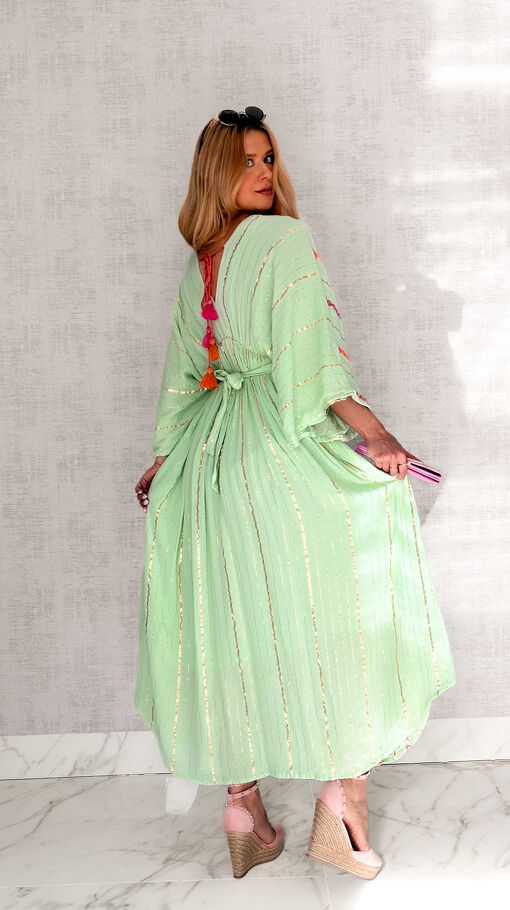 Długa boho MAXI sukienka ze złotą nitka w kolorze MINT one size - S161