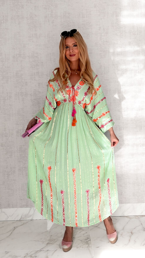 Długa boho MAXI sukienka ze złotą nitka w kolorze MINT one size - S161