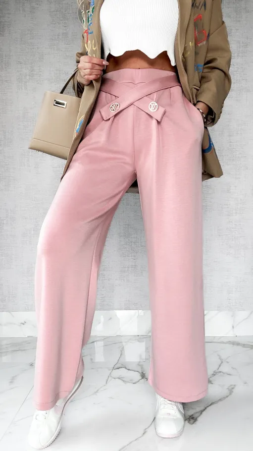 Wygodne spodnie z prostymi nogawkami ONE SIZE pudrowy róż - P221D