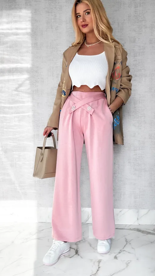 Wygodne spodnie z prostymi nogawkami ONE SIZE pudrowy róż - P221D