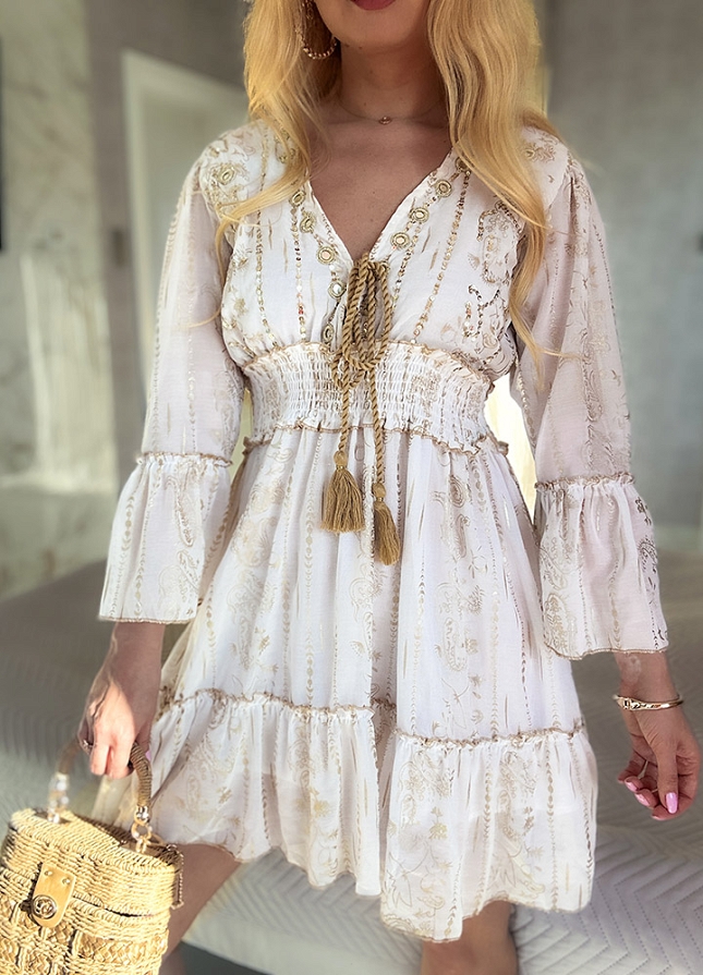 Wyjątkowa zwiewna PREMIUM sukienka ze złotymi dodatkami BAWEŁNIANA biała - N111A
