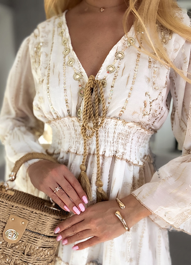 Wyjątkowa zwiewna PREMIUM sukienka ze złotymi dodatkami BAWEŁNIANA biała - N111A