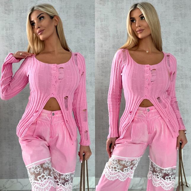 Drapany sweter z guzikami ONE SIZE różowy - R492
