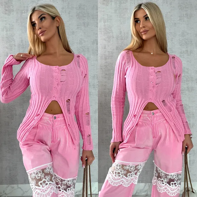 Drapany sweter z guzikami ONE SIZE różowy - R492