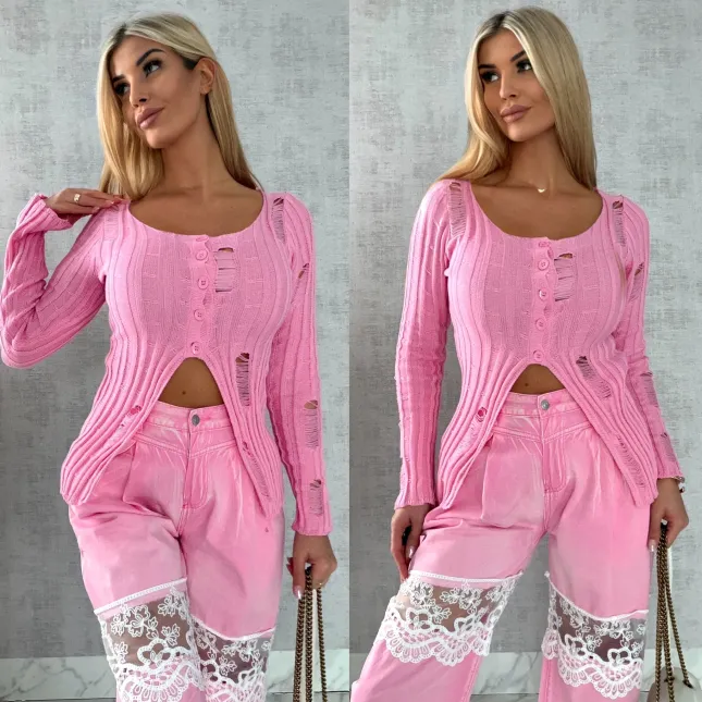 Drapany sweter z guzikami ONE SIZE różowy - R492