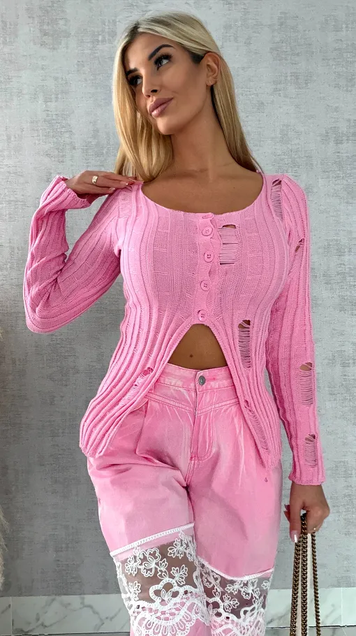 Drapany sweter z guzikami ONE SIZE różowy - R492