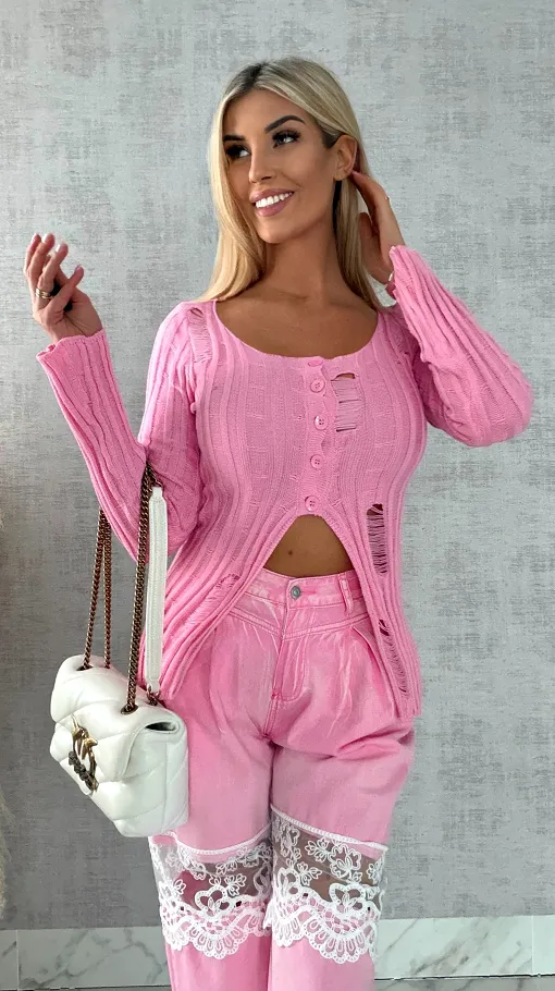 Drapany sweter z guzikami ONE SIZE różowy - R492