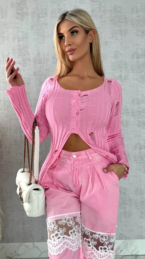 Drapany sweter z guzikami ONE SIZE różowy - R492