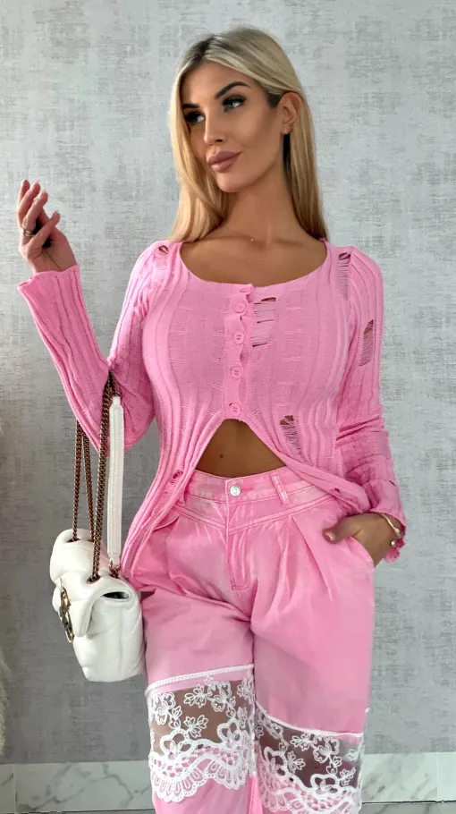 Drapany sweter z guzikami ONE SIZE różowy - R492