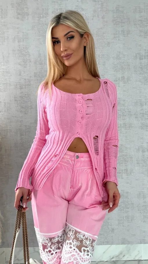 Drapany sweter z guzikami ONE SIZE różowy - R492